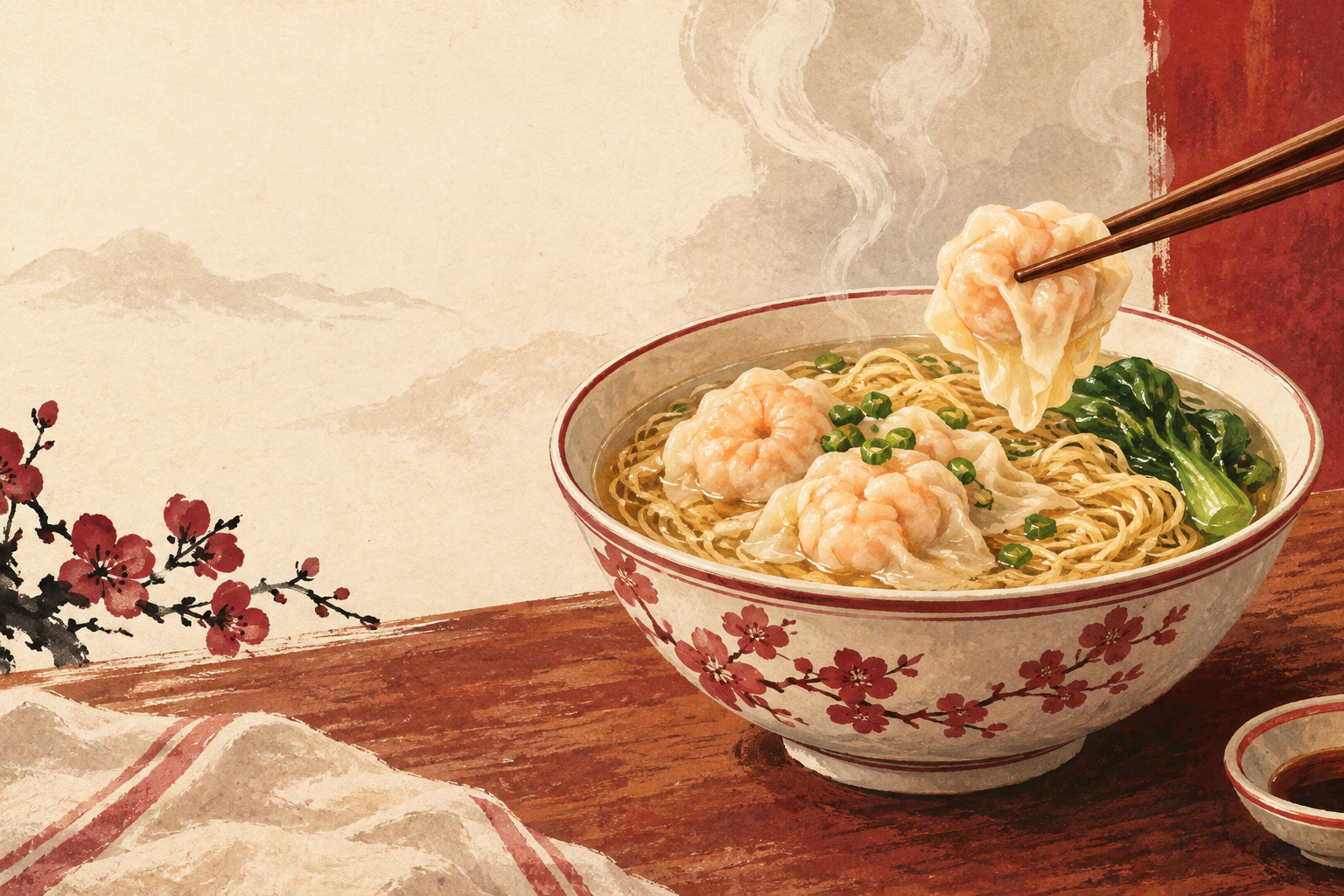 Illustrative bowl of shrimp wonton noodle soup with steam and chopsticks